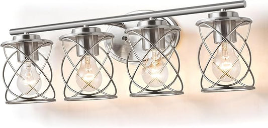 mavcadonf Bathroom Vanity Light Fixtures Over Mirror, 4 Lights Modern Bathroom Wall Lamp for Mirror Kitchen Living Room Hallway Cabinet Porch, Farmhouse Wall Lights with Cage Shade, Brushed Nickel