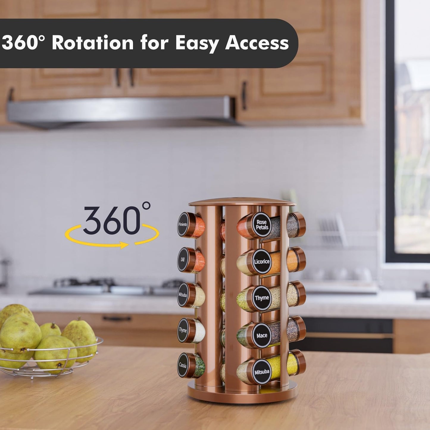 Revolving Spice Rack Set with 20 Spice Jars, Kitchen Spice Tower Organizer for Countertop or Cabinet -- Carousel Storage Includes 386 Spice Labels -- Desktop Rotating Seasoning Organizer