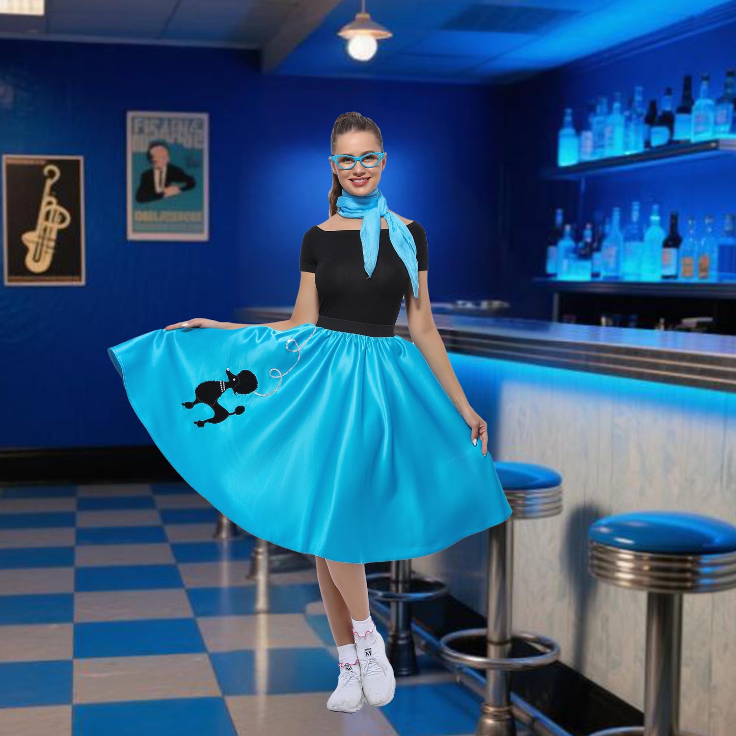 Rabtero Women Sock Hop Costume, Adult 1950s Poodle Dress Costume, 50's Poodle Skirt with Glasses, Scarf and Socks for Women 2-10, S/M, Blue