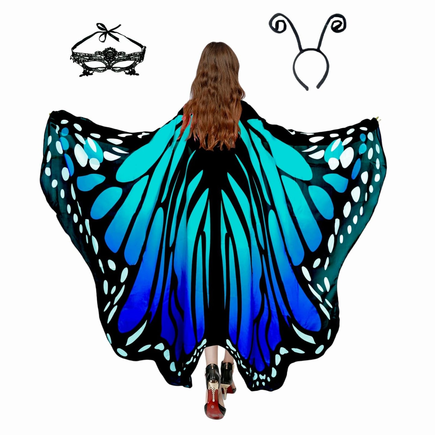 Halloween Costumes for Women Adult Butterfly Costumes Wing Cape Shawl 3Pcs （Green & Blue）