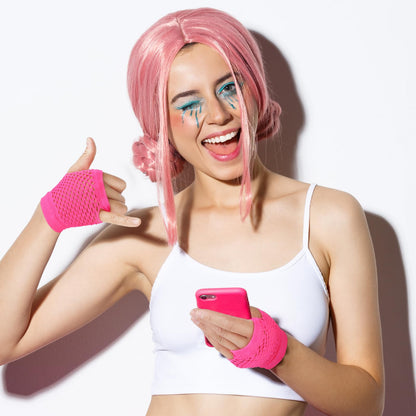 DIVINA VITAE 2 Pairs Pink Fingerless Fishnet Gloves Women 80s Short Stretch Mesh Gloves Retro Nylon Fish Net Fingerless Gloves for 80's Theme Party Halloween Cosplay Women Costume Accessories