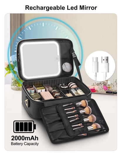 Relavel Travel Makeup Bag With LED Mirror, Cosmetic Train Case with Light up Mirror, Portable Makeup Artist Organizer Bag with Adjustable Dividers, Makeup Brush Holder Storage, Black