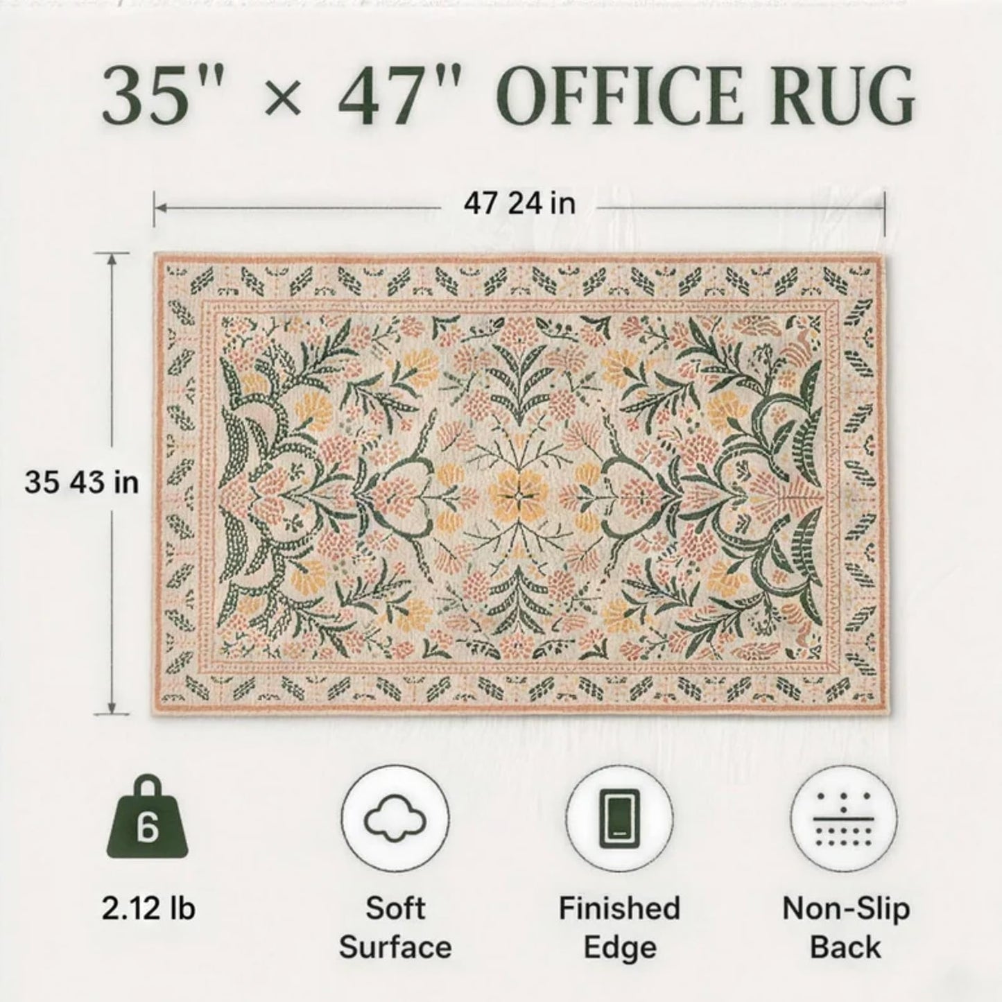 35x47 Inch Floral Desk Rug, Office Rugs for Rolling Chairs, Under Desk Carpet for Hardwood Floor, Small Office Area Rug