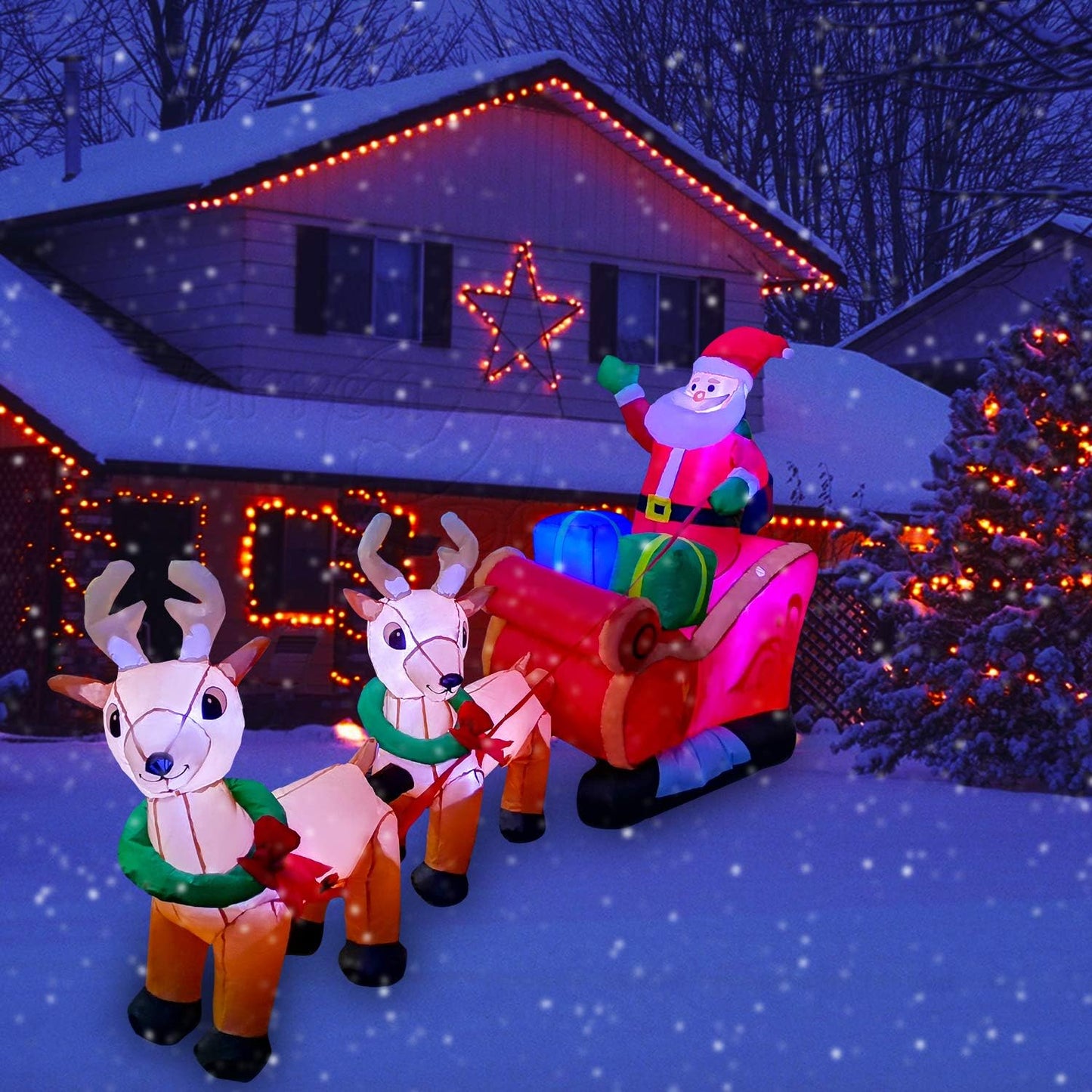 SEASONBLOW 8 Ft LED Inflatable Christmas Reindeer Pull The Sleigh Take Santa Claus Xmas Decoration for Yard Lawn Garden Home Party Indoor Outdoor
