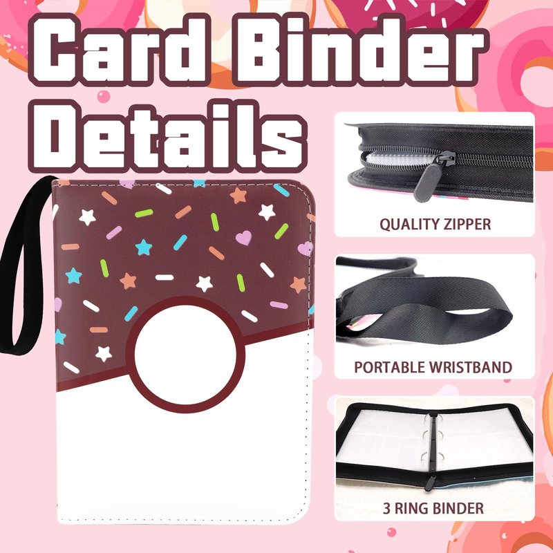 9 Pocket Card Binder 900 Card Holder Album, Pink Donut Trading Cards Holder Zipper Binder for Girl Teen Collection (Choco Donut, 900 Pocket)