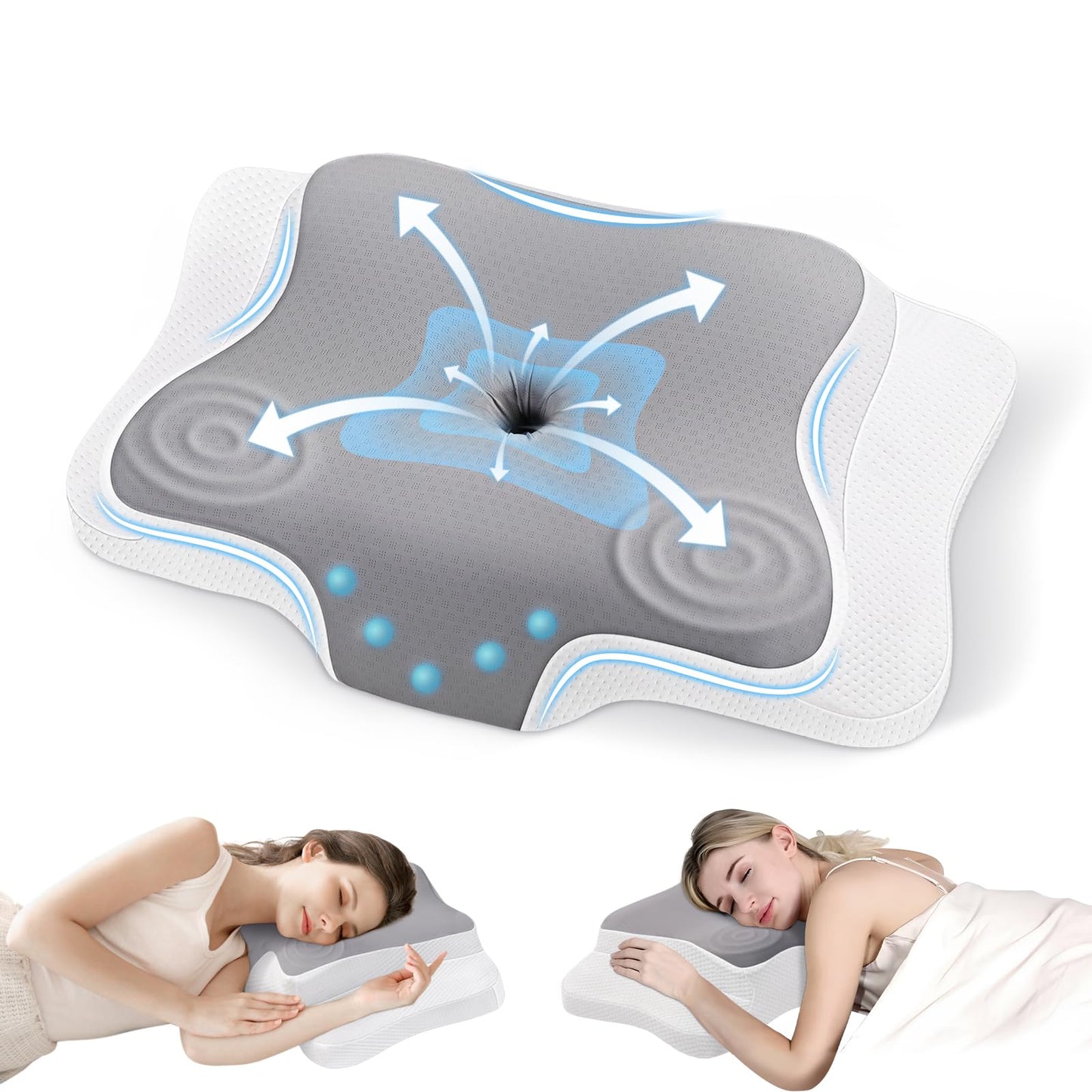 JINXIA Cervical Memory Foam Pillow for Neck Pain, Bed Sleeping Pillow for Shoulder Pain,Ergonomic Orthopedic Support Pillow for Side/Back/Stomach Sleepers with Removable Cover(Ice Silk Pillowcase)