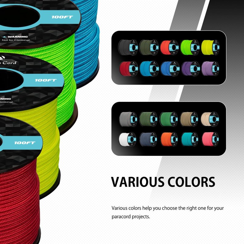 Paracord 275 - 100ft 2.4mm Tactical Nylon Rope | 4 Strands, Max 275lbs - Black