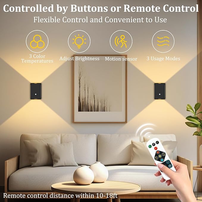 Eneru Rechargeable Motion Sensor Night Light: 5000mAh Black Battery Operated Wall Sconce with Remote Control, 3 Colors Wireless Stair Lights Indoor, Magnetic LED Night Lamp for Bedroom Hallway Closet