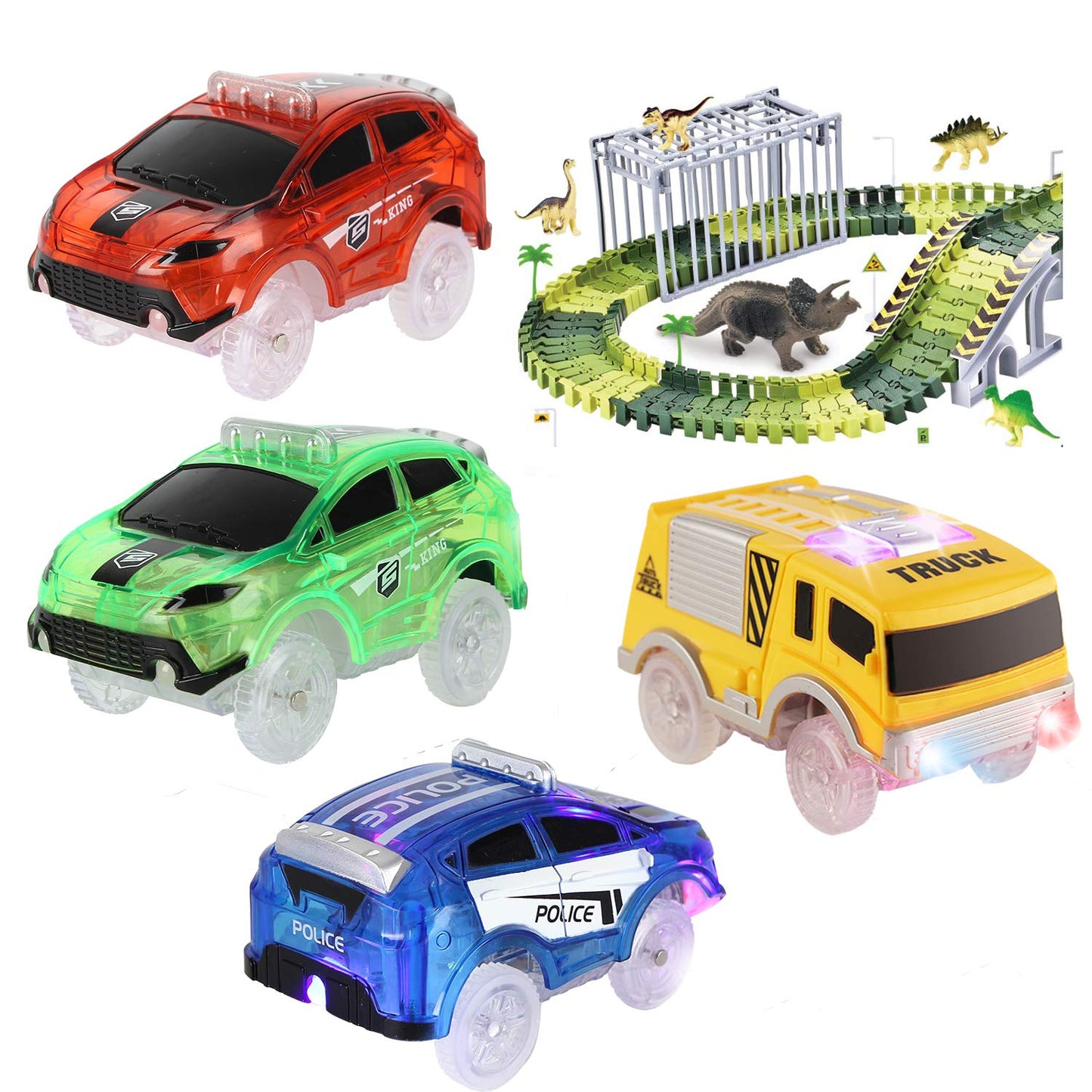 Car Tracks Replacement, Glow in The Dark Toy Cars With 5 Flashing LED Lights, Racing Accessories Compatible With Most Tracks for Kids Boys and Girls (4 Pack)