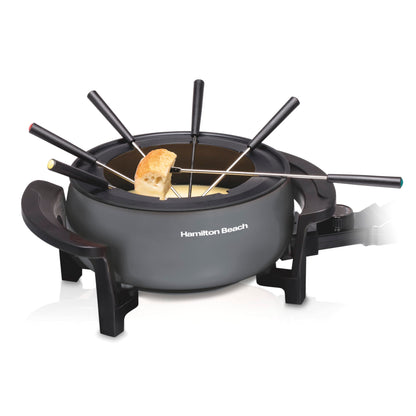 Hamilton Beach 12 Cup Electric Fondue Pot Set with Temperature Control, 6-Color Coded Forks, for Cheese, Chocolate, Hot Oil, Broth, 3 Quart PFAS-Free Nonstick Interior, Gray (86202)