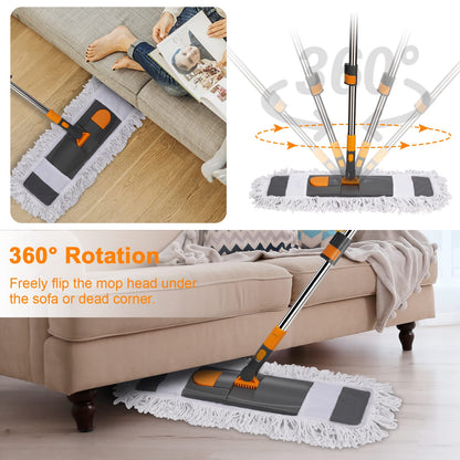 MASTERTOP Flat Mop, 60cm Wide Industrial Mops with Stainless Steel Long Handle, Commercial Pure Cotton Mop with 2 Reusable Pads, Wet and Dry Floor Mops for Hard Laminate Floors Cleaning