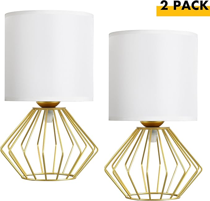 Hamilyeah Table Lamps Set of 2, Modern Bedside Lamps with White Fabric Shade, Industrial Night Stand Lamps with On/Off Switch, Gold Simple Lamp for Bedroom, Living Room