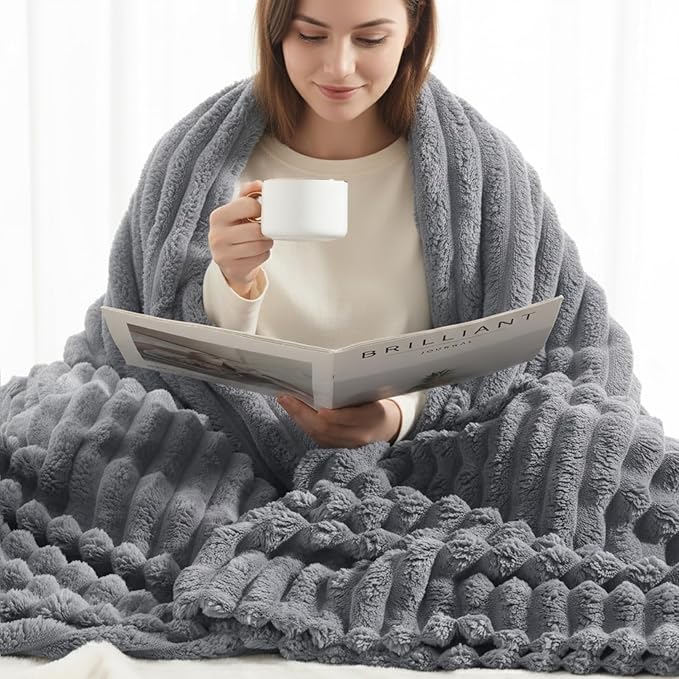 decorUhome Soft Fleece Grey Blanket Queen Size for Bed, Cozy Fluffy Plush Flannel Large Striped Throws for Couch Sofa, Lightweight Decorative Fuzzy Blanket for Woman, 90x90 Inches
