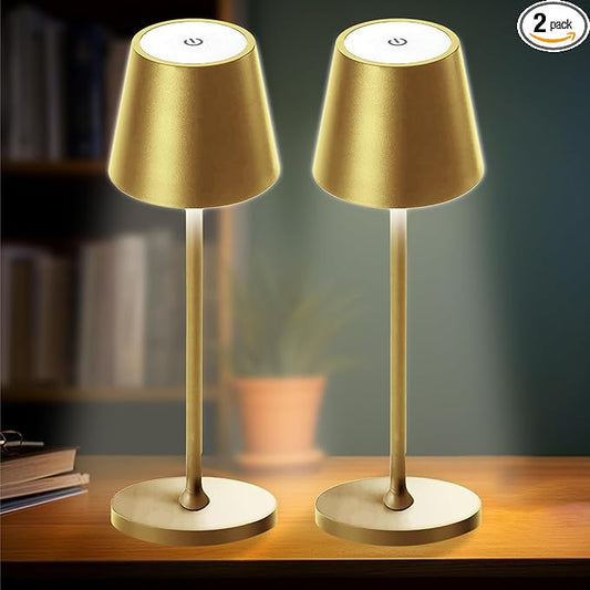 2 Pack Cordless Table Lamp,Portable LED Desk Lamp, 5200mAh Battery Operated, 3 Color Stepless Dimming Up, for Restaurant, Bedroom, Bars, Outdoor Party, Camping, Coffee Shop Night Light Gold