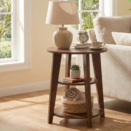 DURISEN 3-Tier Round Side Table - 23.6" Tall End Table with Storage Shelves - Waterproof Modern Nightstand for Living Room Bedroom Small Spaces (Walnut)
