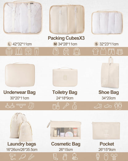 Packing Cubes for Suitcase, 10 PCS Travel Luggage Organizers, Travel Essentials, Waterproof Packing Organisers, Luggage Organizer Bags, Beige