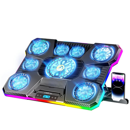 ChillCore Laptop Cooling Pad, RGB Lights Laptop Cooler 9 Fans for 15.6-19.3 Inch Laptops, Gaming Laptop Fan Cooling Pad with 8 Height Stands, 2 USB Ports - A21 Blue