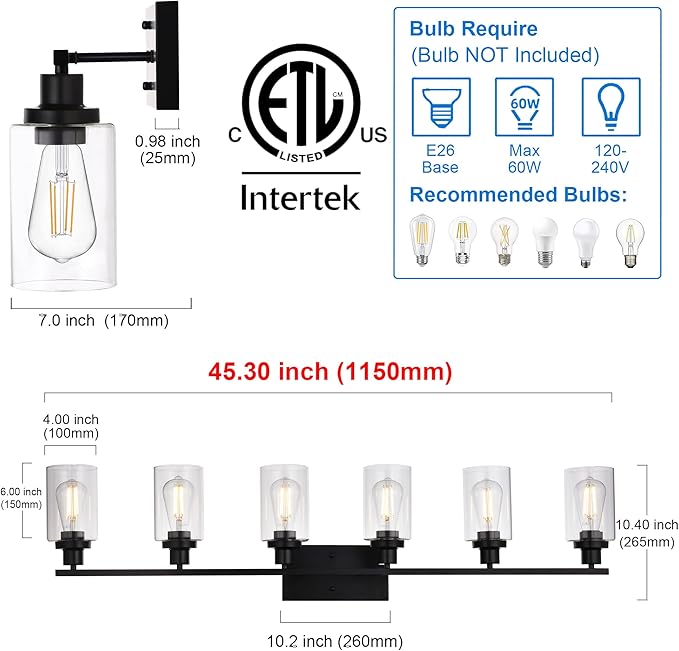 MELUCEE Black Vanity Light Fixture 6-Light Industrial Metal Wall Sconce Bathroom Lighting for Bedroom Hallway Kitchen, Clear Glass Shade Included (Patent No.: US D963914 S)