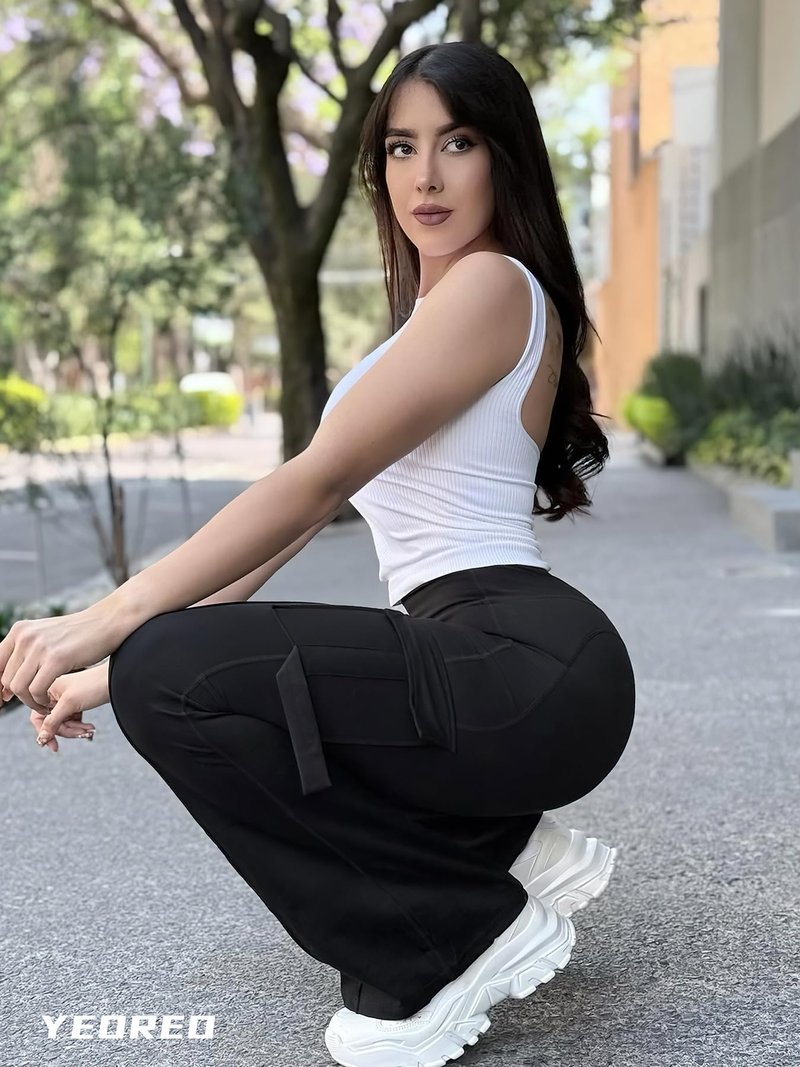 YEOREO Workout Flare Leggings with Pockets for Women Byenda Scrunch Butt Lifting Leggings Women No Front Seam Yoga Pants Black L