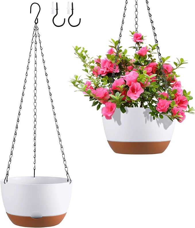 Set of 2 10 Inch Self Watering Hanging Planters for Indoor Outdoor Plants, Color Blocking Hanging Baskets Flower Pots with Drainage Hole & Removable Water-Storage Tray and 20" Chain Hanger