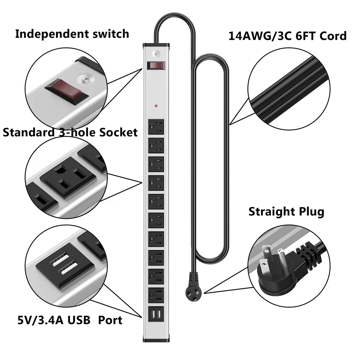 20 Outlet Heavy Duty Metal Socket Power Strip,15-Foot Long Extension Cord with Circuit Breaker. Mounting Brackets Included,Workshop/Industrial use,ETL Certified