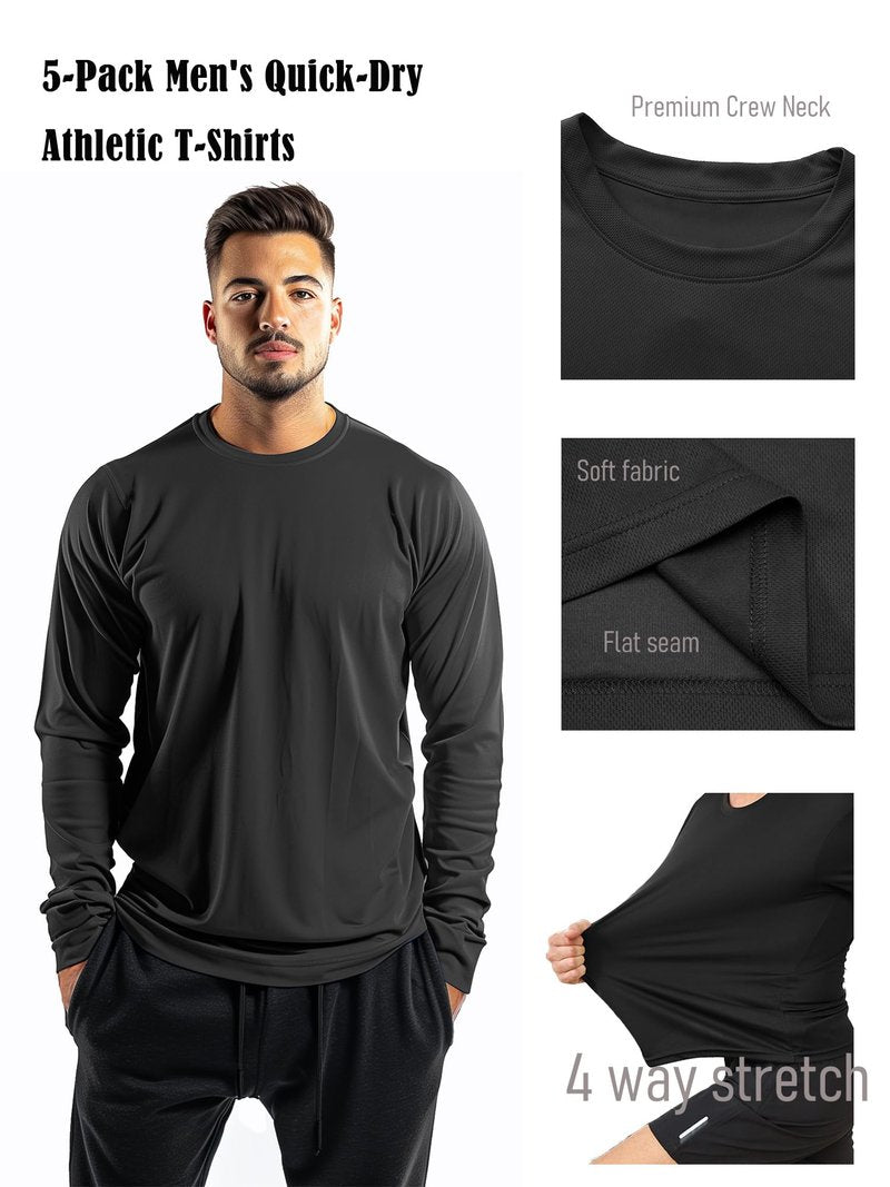 5 Pack Men’s Long Sleeve Shirts UV Sun Protection Quick Dry Crew Neck T Shirts Athletic Running Gym Workout Tee Tops