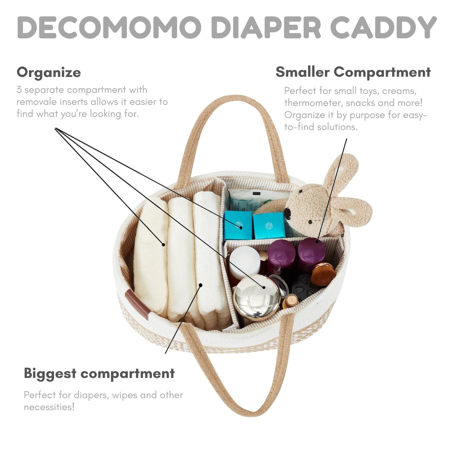 DECOMOMO Baby Caddy Organizer, Diaper Caddy Basket, Baby Baskets for Baby Shower (Spiral Beige & White, Large)