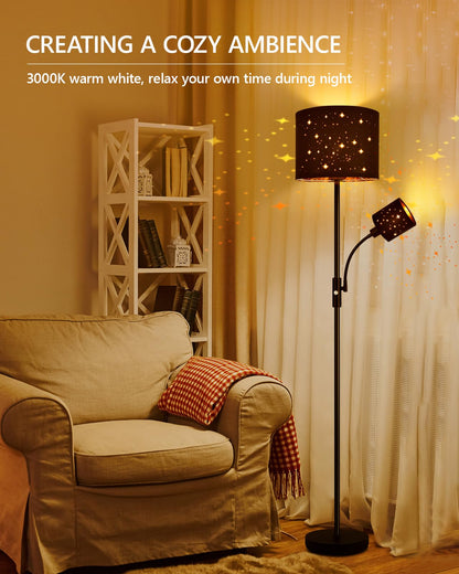 Floor Lamp Black, Reading Standing Lamps for Living Room, 62" Tall Torchiere Lamp for Kids Room, 3-Way Switch, Star-Gold Lampshade, Modern Goth Decor for Bedroom/Office, Bulbs Not Included(E26 Base)