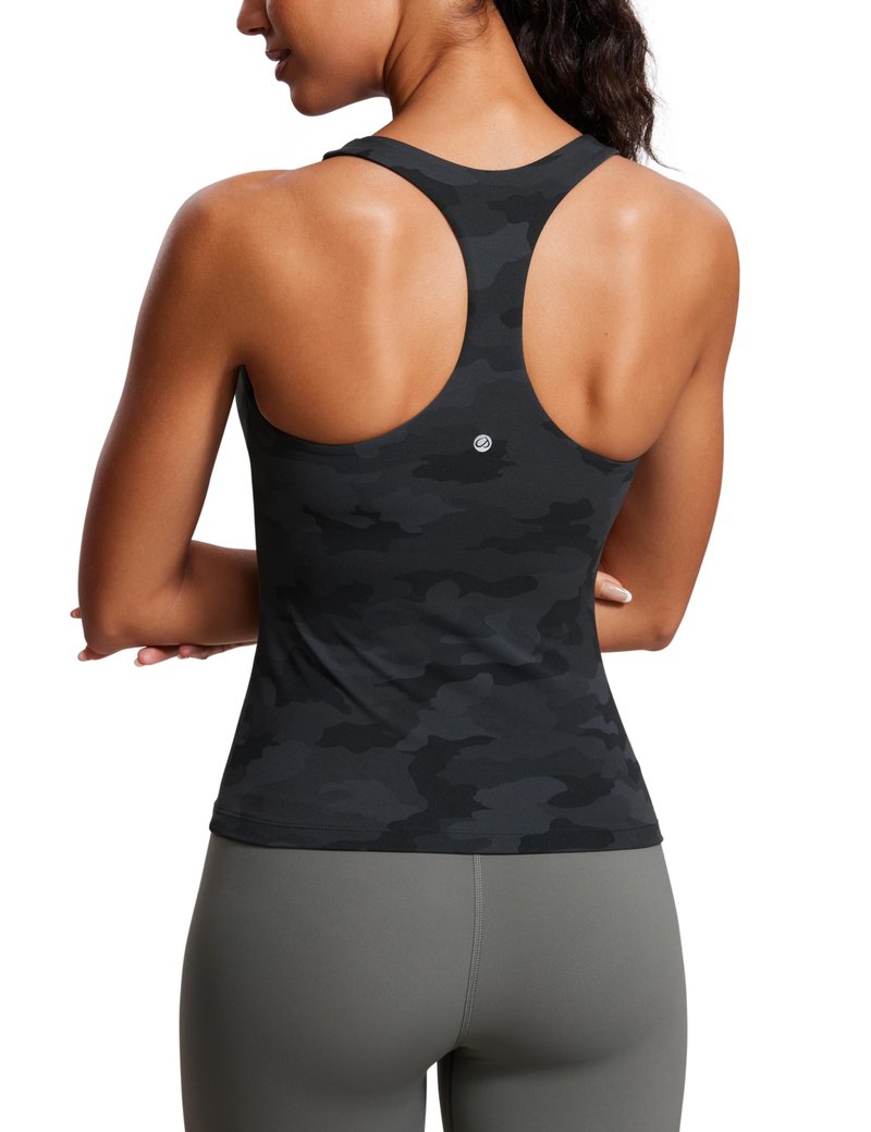 CRZ YOGA Butterluxe Workout Racerback Tank Tops for Women - Padded Athletic Spandex Yoga Shirts with Built in Bra Dark Grey Camouflage 2 X-Large