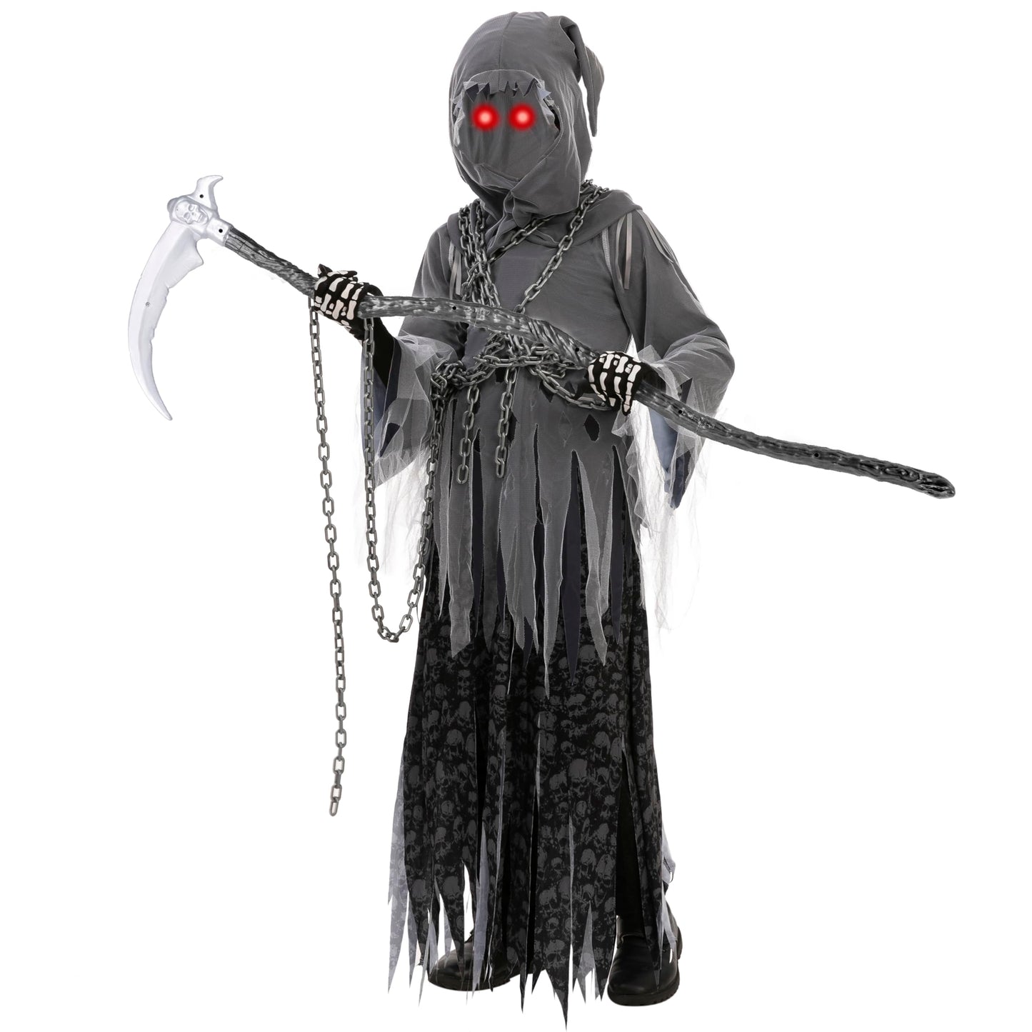 Spooktacular Creations Child Unisex Grim Reaper Costume, Halloween Costume with Glowing Red Eyes for Kids Trick-or-Treating-M(8-10yr)