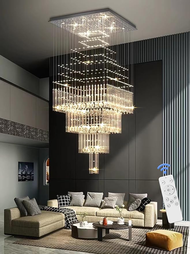Flashing God D32''X H79'' Foyer Chandelier for High Ceilings,Square Crystal Raindrop Chandeliers,Large Chandelier for Entrance Foyer Villa,4 Tier Chandeliers