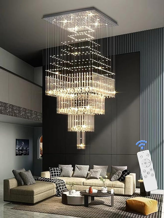 Flashing God D32''X H79'' Foyer Chandelier for High Ceilings,Square Crystal Raindrop Chandeliers,Large Chandelier for Entrance Foyer Villa,4 Tier Chandeliers