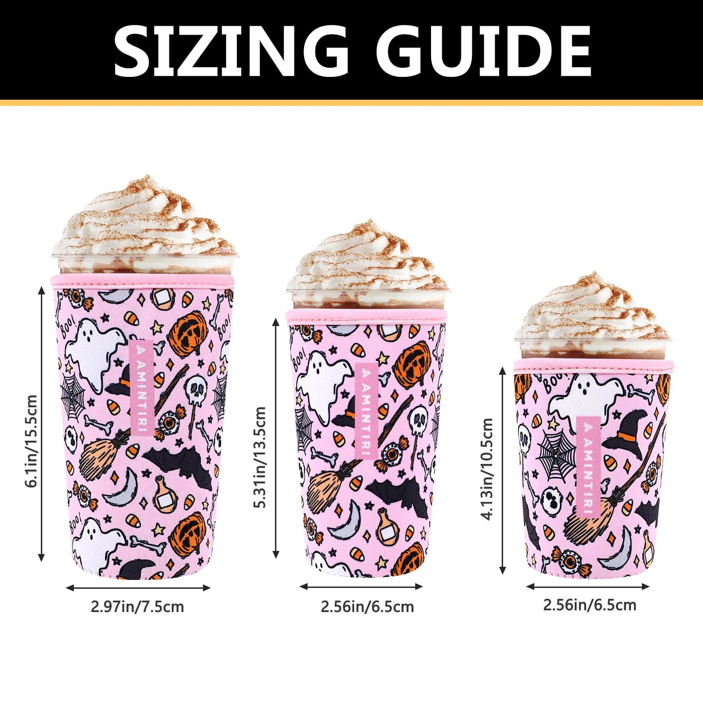 3 Pack Reusable Neoprene Sleeve for Iced & Hot Drinks, Compatible with Starbucks, Dunkin' Coffee Cup. (Happy Halloween)