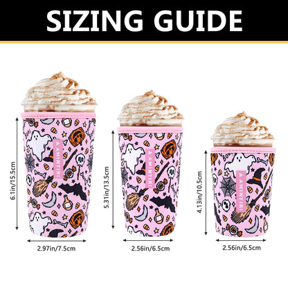 3 Pack Reusable Neoprene Sleeve for Iced & Hot Drinks, Compatible with Starbucks, Dunkin' Coffee Cup. (Happy Halloween)