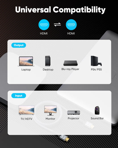 Highwings 4K HDMI Cable 6.6FT/2m | High-Speed HDMI 2.0 Quality Cord 4K@60Hz, Braided Nylon & Gold Connectors, HDR, Ethernet, ARC, 3D, HDCP 2.2, Compatible for PS-5/4/3/ HDTV/Monitor/DVD/Streaming