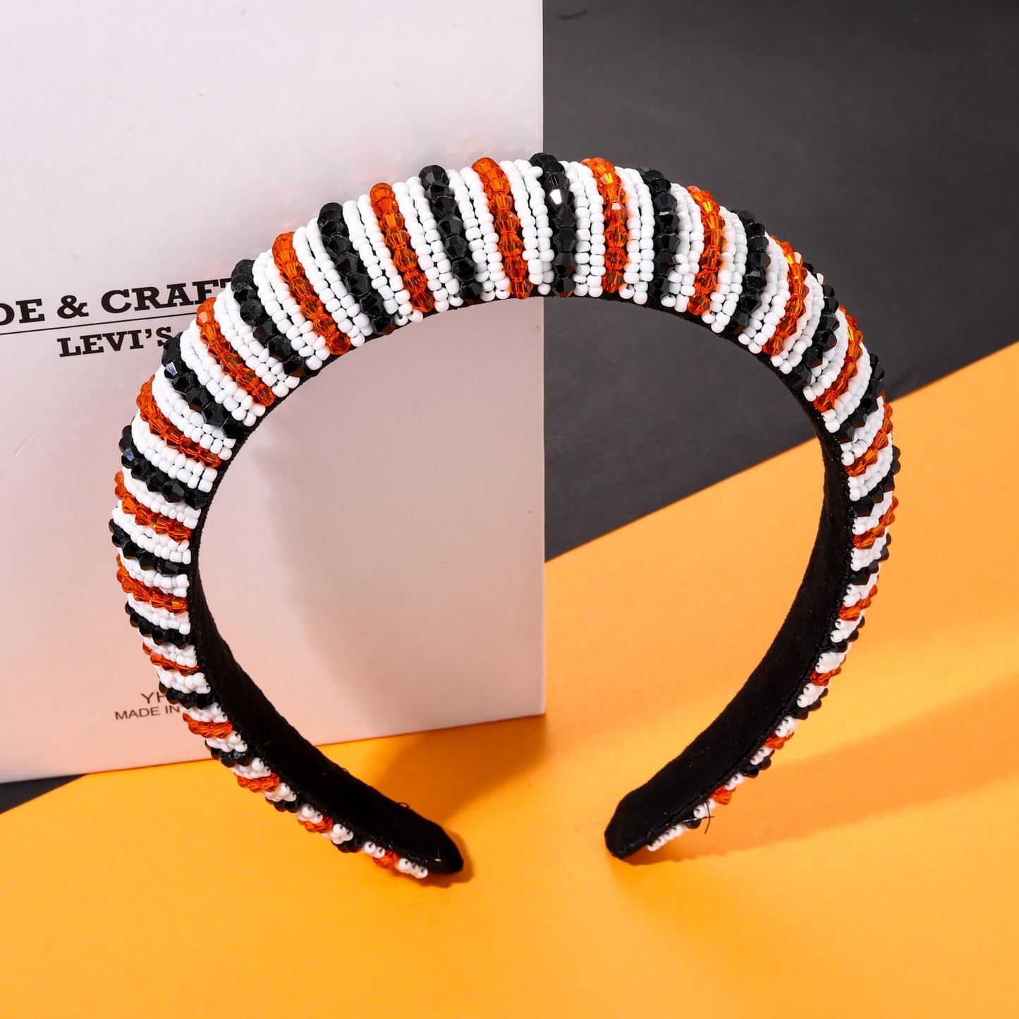 NVENF Halloween Headband Crystal Rhinestone Headbands for Women Orange Black Beads Embellished Padded Hairband Wide Bejewelled Headband Spooky Hair Accessory Gifts (Halloween)