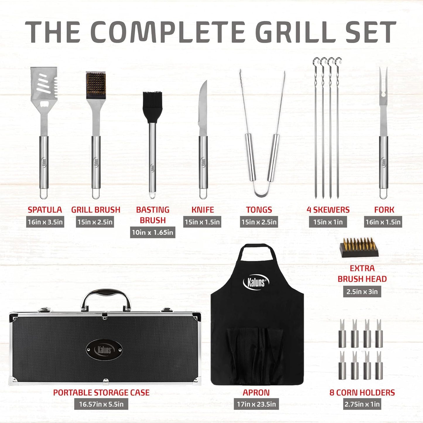 Kaluns Grilling Accessories, Dad Gifts for Fathers Day Grilling Gifts, Heavy Duty Stainless Steel BBQ Grill Tools Set for Outdoor Grill with Aluminum Case and Apron, Dad Birthday Gifts for Men Husband