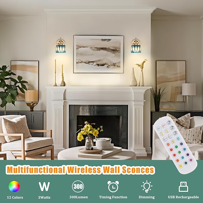 Vintage Battery Operated Wall Sconce Set of 2, 5000mAh Rechargeable Wall Lamp 12 RGB Colors Dimmable, Gold Lights Fixture for Bedroom Bathroom Living Room Hallway Blue Checker