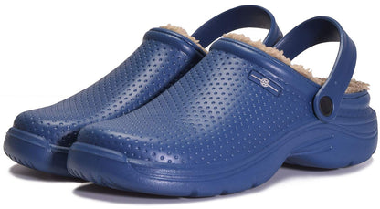 Waterproof Slippers Women Men Lined Clogs Winter Fur Garden Shoes Warm Mules House Anti-Slip Slippers Indoor Outdoor, Dark Blue, 10 UK, 44 EU
