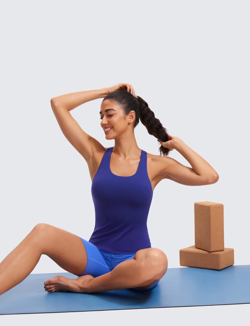 CRZ YOGA Butterluxe Workout Racerback Tank Tops for Women - Padded Athletic Spandex Yoga Shirts with Built in Bra Larkspur Blue X-Small
