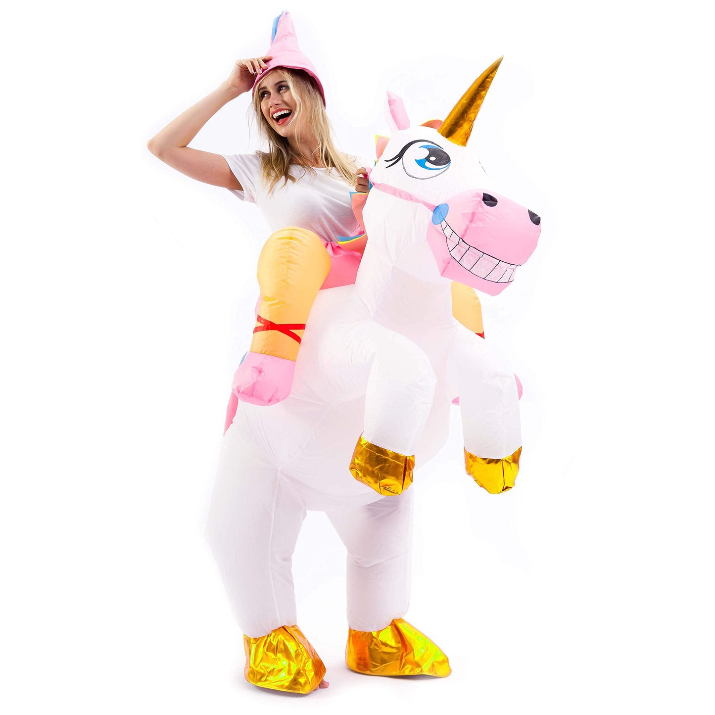 Spooktacular Creations Inflatable Costume Adult, Riding a Unicorn Blow-up Deluxe Halloween Costume with Hat for Halloween Dress Up Parties, White, X-Large(71In)