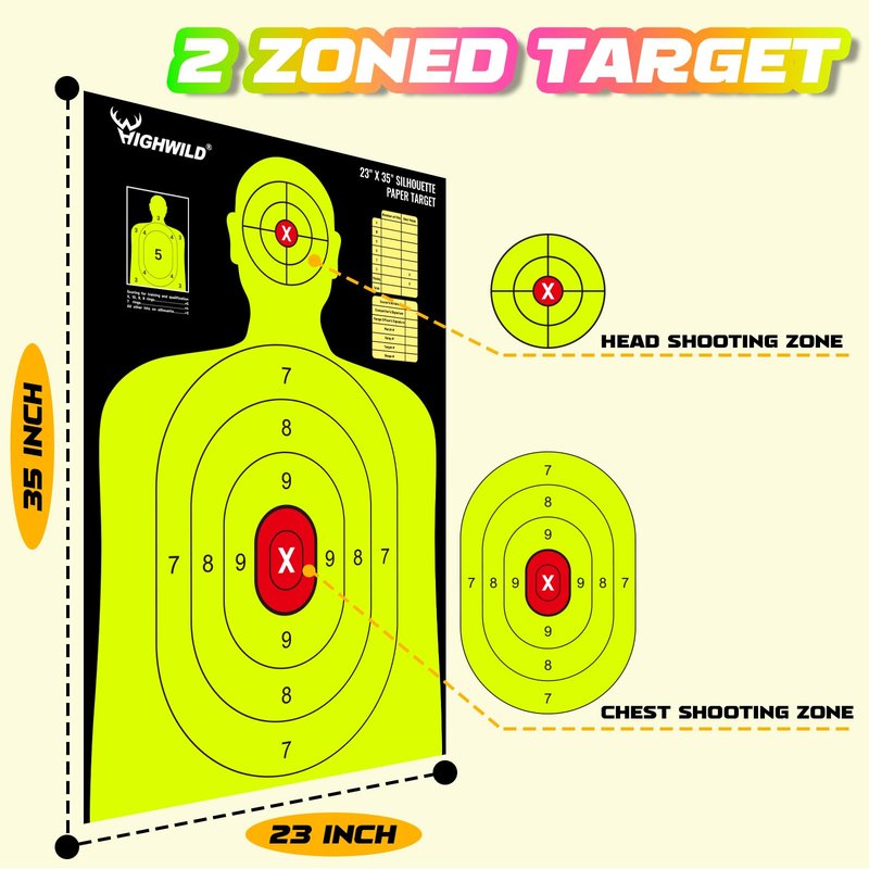 Highwild 23X35 Inch Shooting Range Silhouette Paper Target - 5 Fluorescent Colors - Suitable for Handguns, Rifles, Airguns, BB Guns (5 Pack - Multi Color)