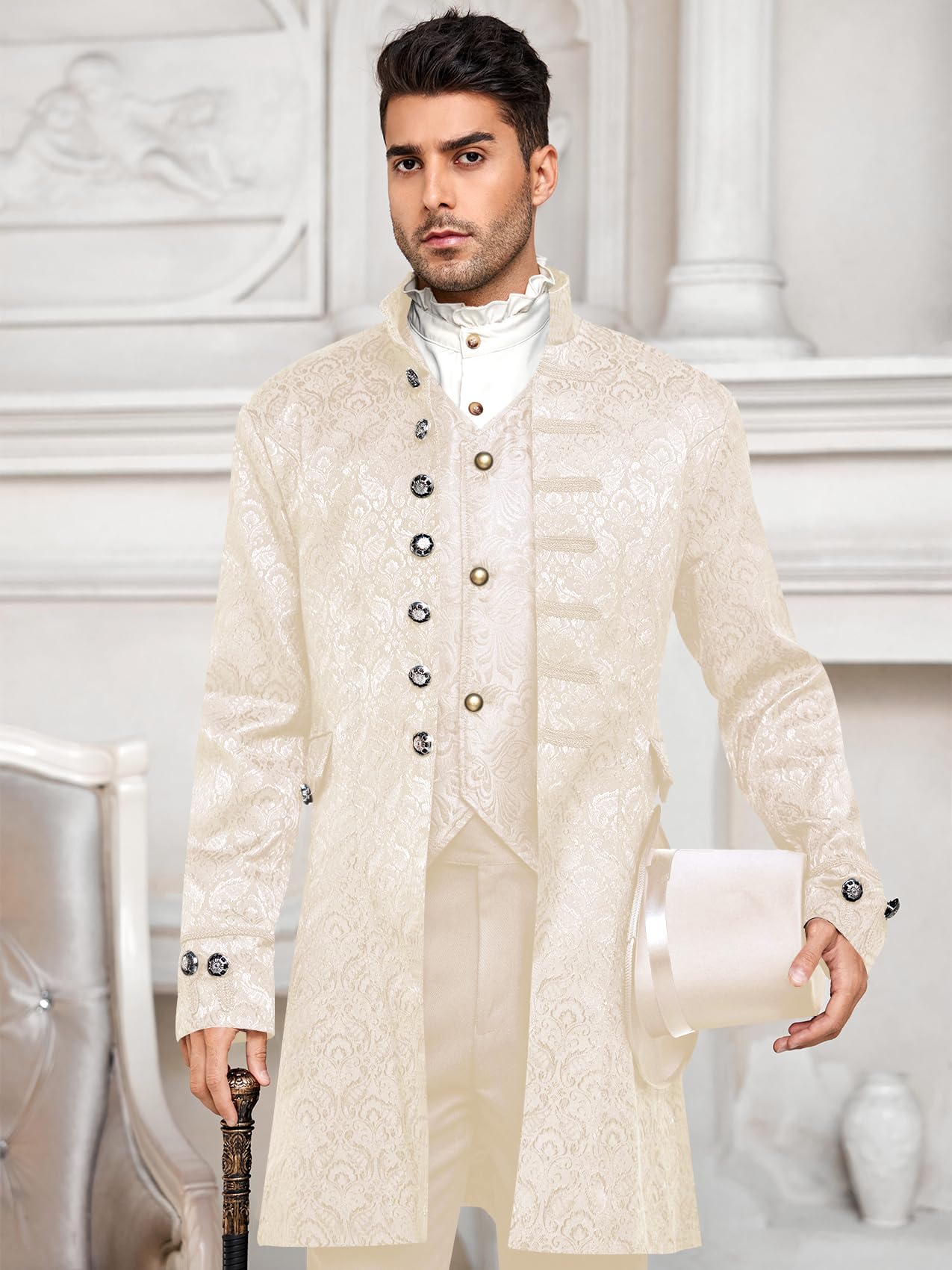 Mens Steampunk Medieval Jacket Pirate Viking Renaissance Costume Formal Tailcoat Gothic Victorian Halloween Tuxedo Coats Beige