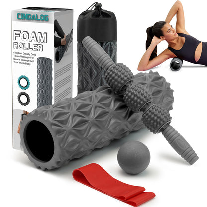 5 in 1 Foam Roller Set - Trigger Point Foam Back Roller, Muscle Roller Stick, Massage Ball, Stretching Band for Deep Muscle Massage Pilates Yoga,Fitness Exercise for Whole Body Release