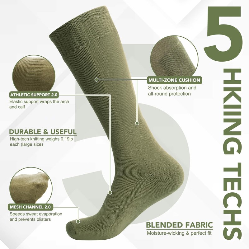 Freshpairs Men's Hiking Socks, Military Green Over the Calf Socks for Hunting and Boots,4 Pack