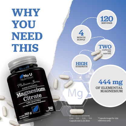 Magnesium Citrate 1480mg - 240 Vegan Capsules - 4 Month Supply - Providing 444mg Elemental Mag - Capsules not Tablets - High Strength Supplement - Made in The UK - Nu U Nutrition