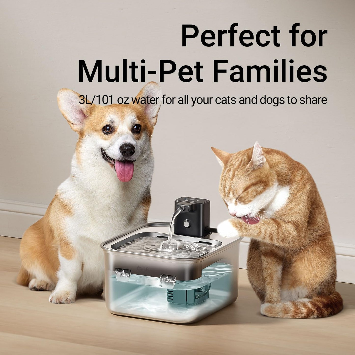 DownyPaws Cat Water Fountain Stainless Steel Wireless, 101 oz/3L FurSink Cordless Cat Water Dispenser for Pets, Battery Operated Dog Drinking Fountain with Motion Sensor, Easy Clean, Black