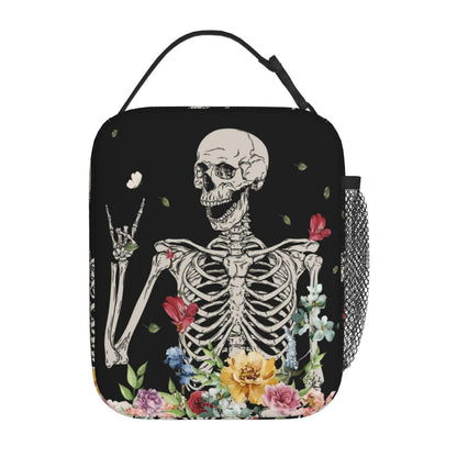 Gianlaima Skull Funny Skeleton Gothic Hippie Halloween Terror Rock Roll Flower Insulated Lunch Box For Women Man, Portable Lunch Bag Reusable Cooler Tote For Office Work Travel Picnic Camping Beach