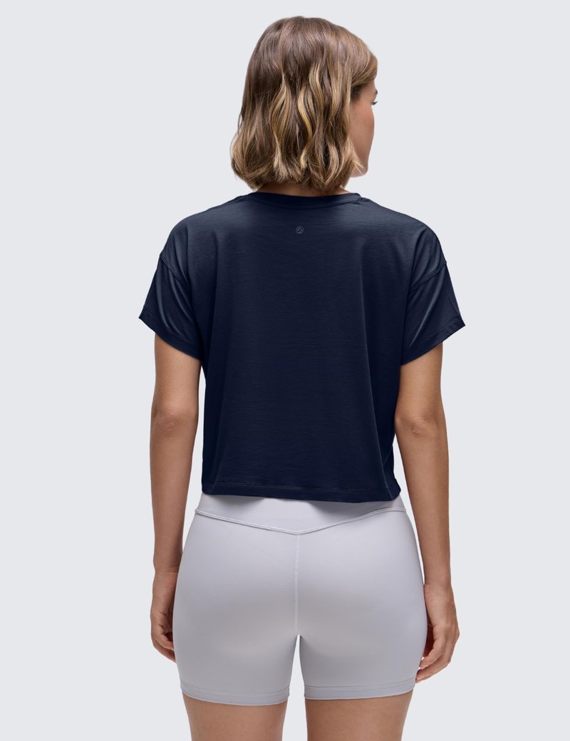 CRZ YOGA Pima Cotton Relaxed Crop T-Shirts for Women - Workout Athletic Gym Casual Short Sleeve Shirts Loose Crewneck Tops Navy Small