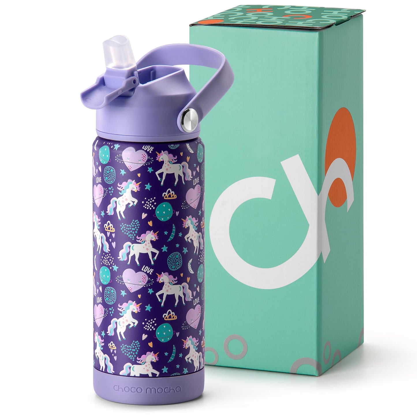 Choco Mocha Kids Water Bottle For School, Kids Insulated Unicorn Water Bottle Stainless Steel, Girls Water Bottle 18Oz, Purple
